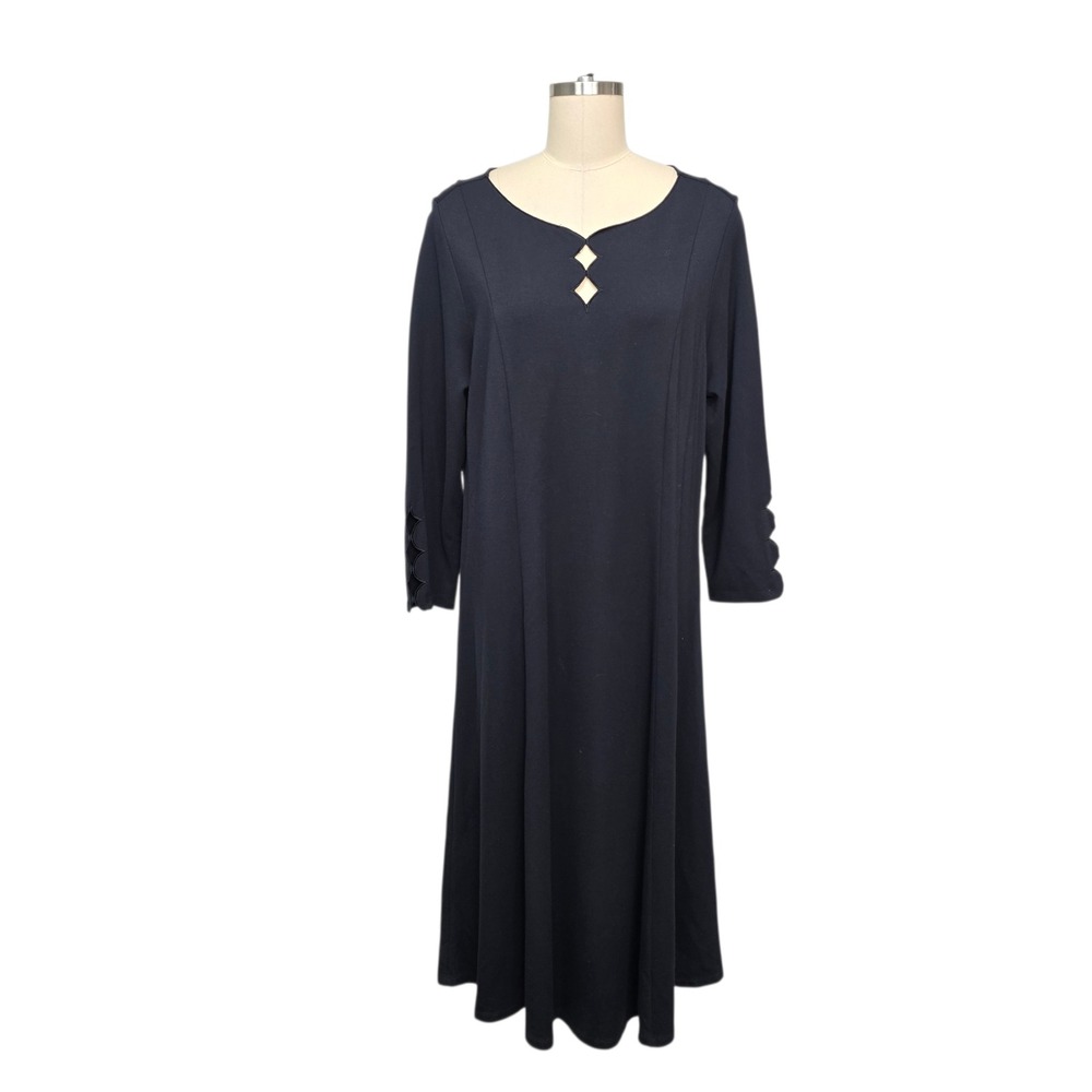 Soft Surroundings Womens Black Scalloped Cutout Midi Dress XL Long‎ Sleeve 2DG40